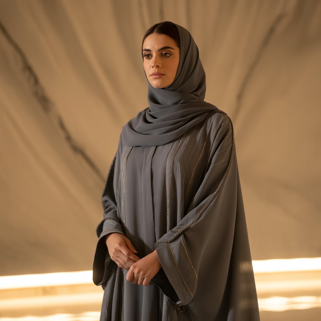 Woman wearing a gray hijab and abaya against a beige background