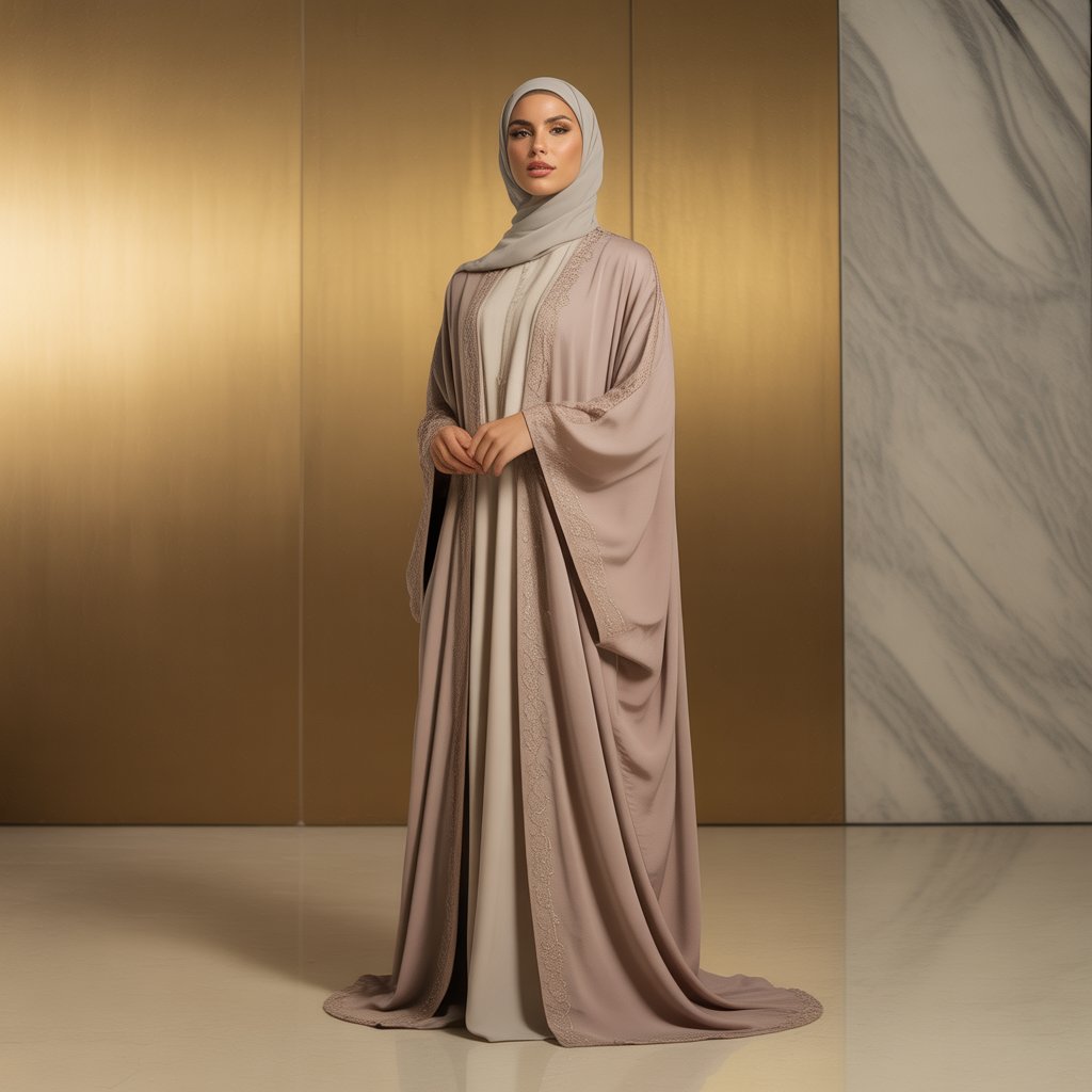 Woman wearing a long, flowing dress with a hijab against a gold and marble background
