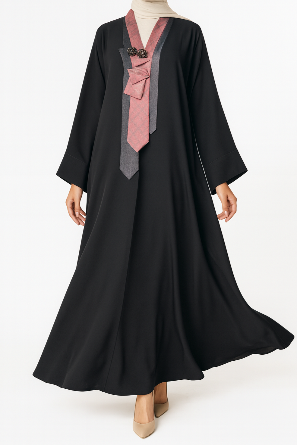 Black abaya with a pink and gray bow on a white background
