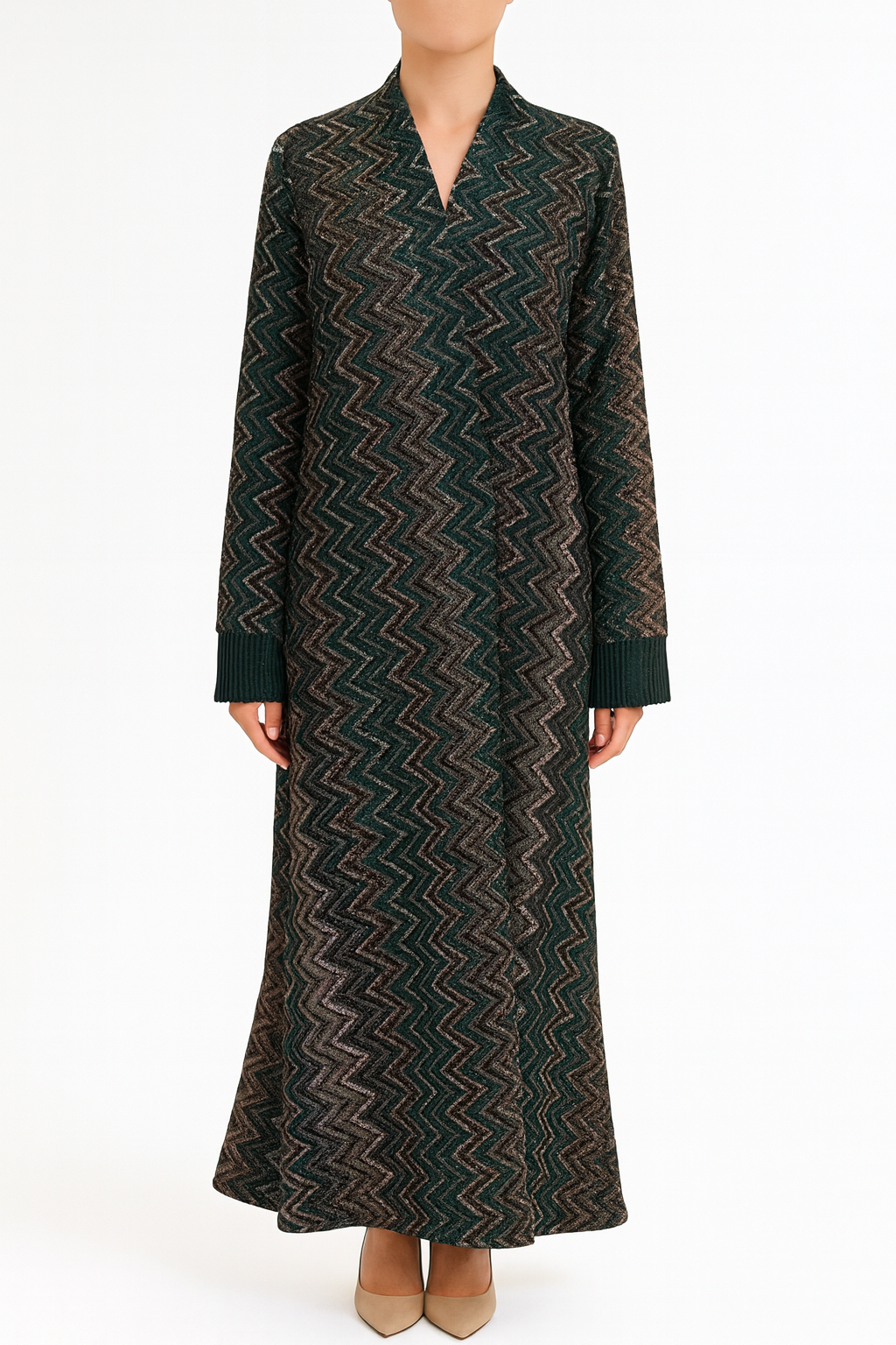 Long patterned dress worn by a person on a white background