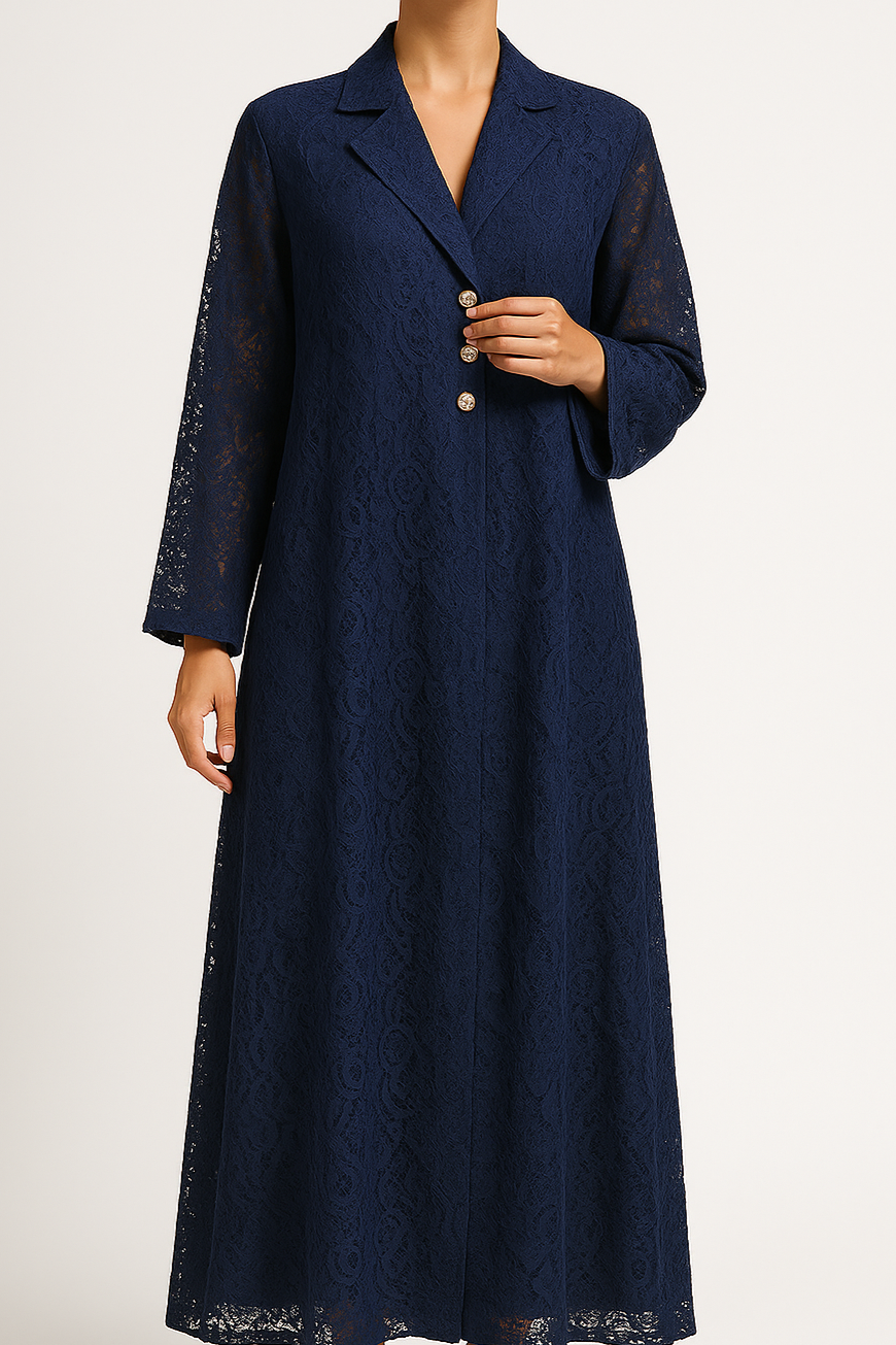 Navy blue long coat with lace details on a white background