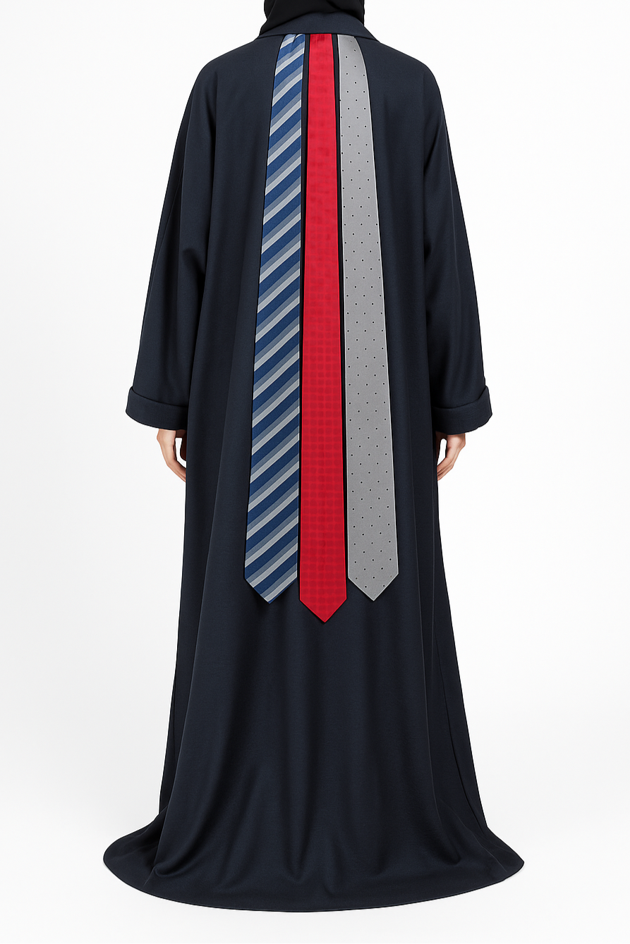 Black abaya with colorful striped ties on a white background